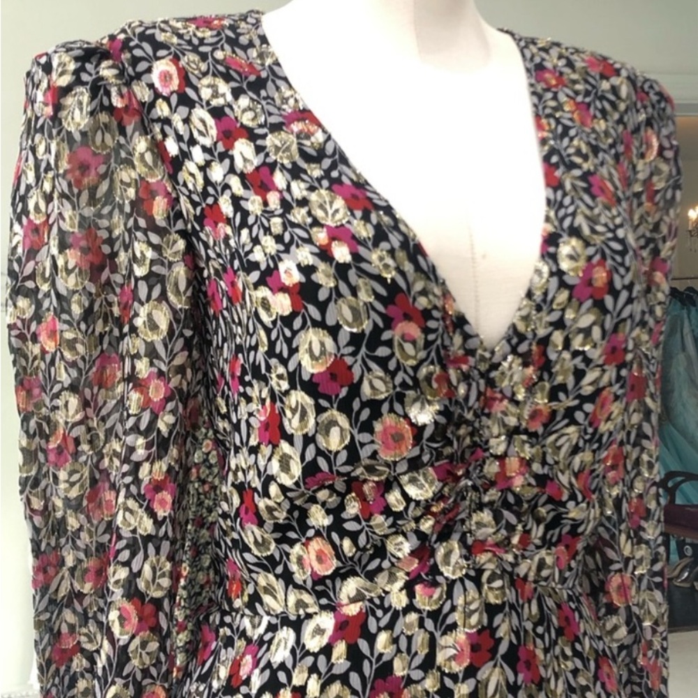 Kate Spade Floral Long Sleeve Dress in Black, Red, and Metallic Silver Sz 6 - Picture 4 of 10